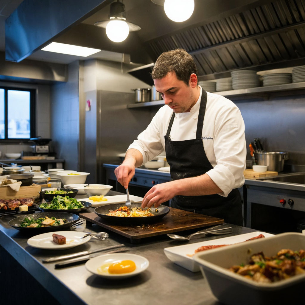 шеф-повар готовит на кухне ресторана